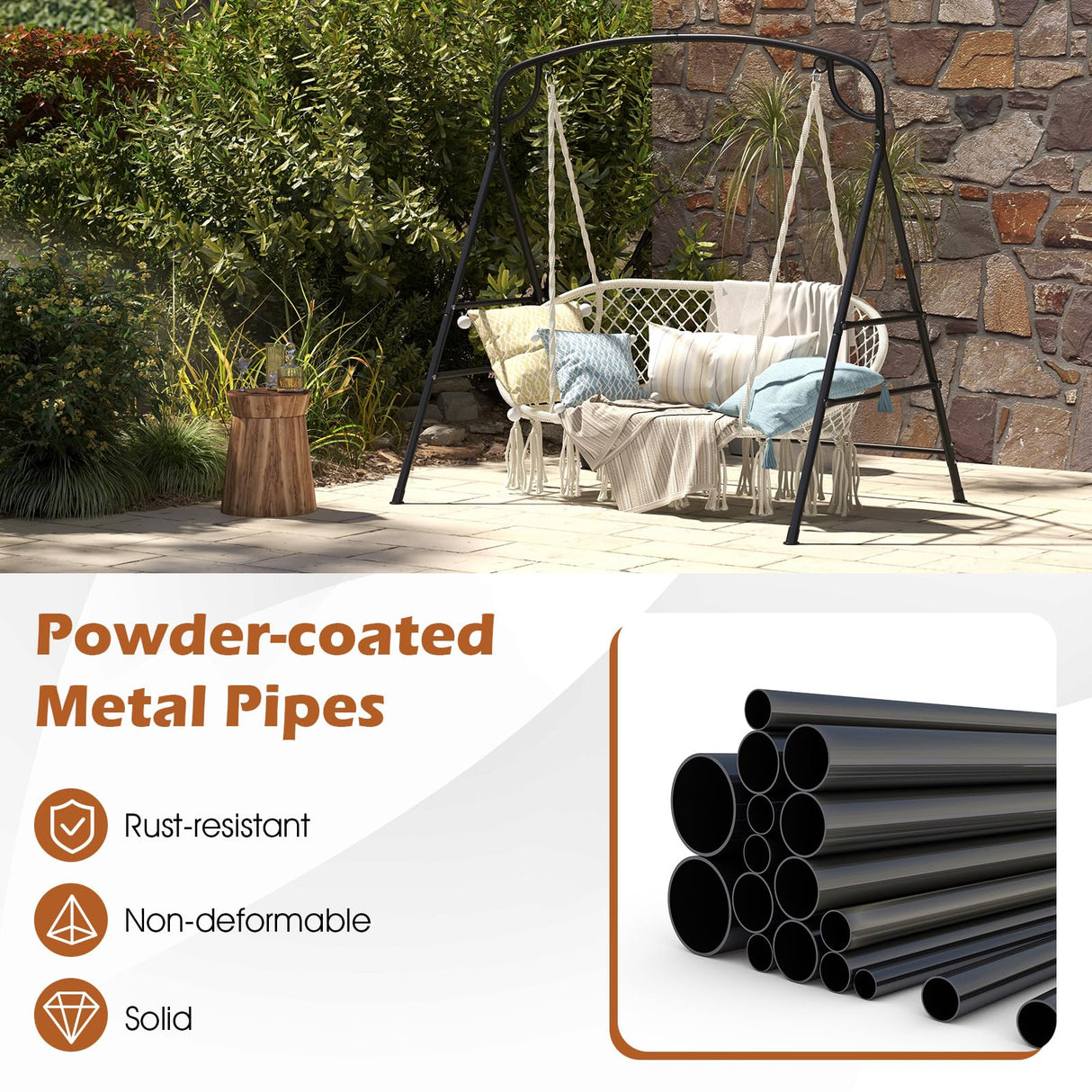 HAPPYGRILL Outdoor Swing Frame Heavy-Duty Metal Porch Swing Stand with Side Bars & 2 Rings, 660 lbs Weight Capacity, A-Frame Swing Frame for Garden, Backyard, Balcony HAPPYGRILL