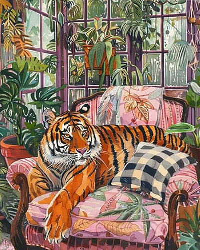 Tiger Lounging on Armchair Paint by Number Cute Animal Retro Painting DIY Painting on Canvas with Brushes Acrylic Paints Paint by Numbers for Adults and Beginner DIY Kit 16x20 Inch (without Frame)