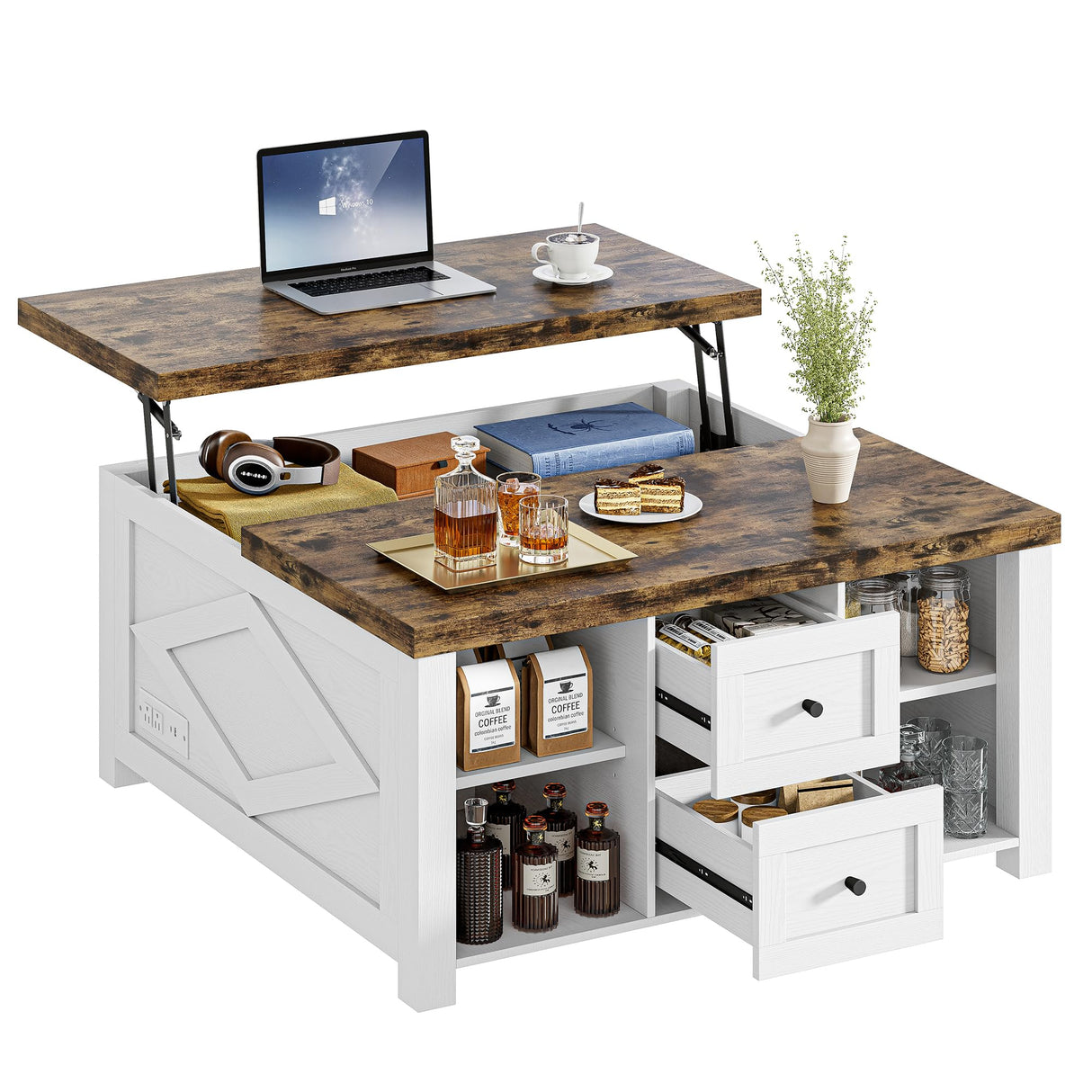 IRONCK Lift Top Coffee Table with Storage, Square Coffee Tables for Living Room with Charging Station and Drawers, Farmhouse Coffee Table with Large Storage Space, White IRONCK