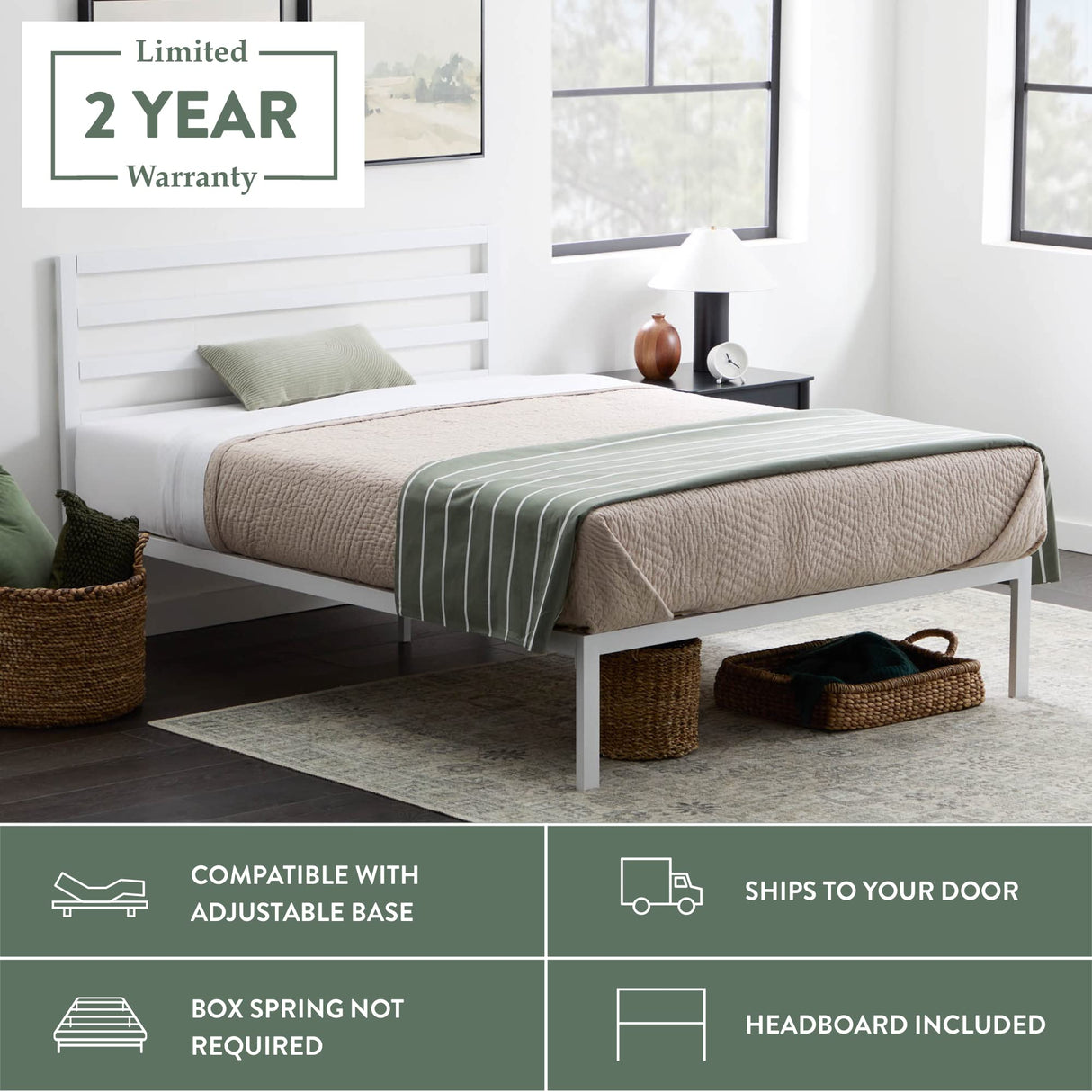 Edenbrook Cassidy Metal Platform Bed Frame with Metal Headboard - Box Spring Not Required - Wood Slat Support, White, Queen Edenbrook