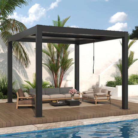LVUYOYO Outdoor Louvered Pergola 10' x 10', Patio Aluminum Pergola with Adjustable Roof, Metal Gazebo for Backyard, Garden, Deck(Black) LVUYOYO