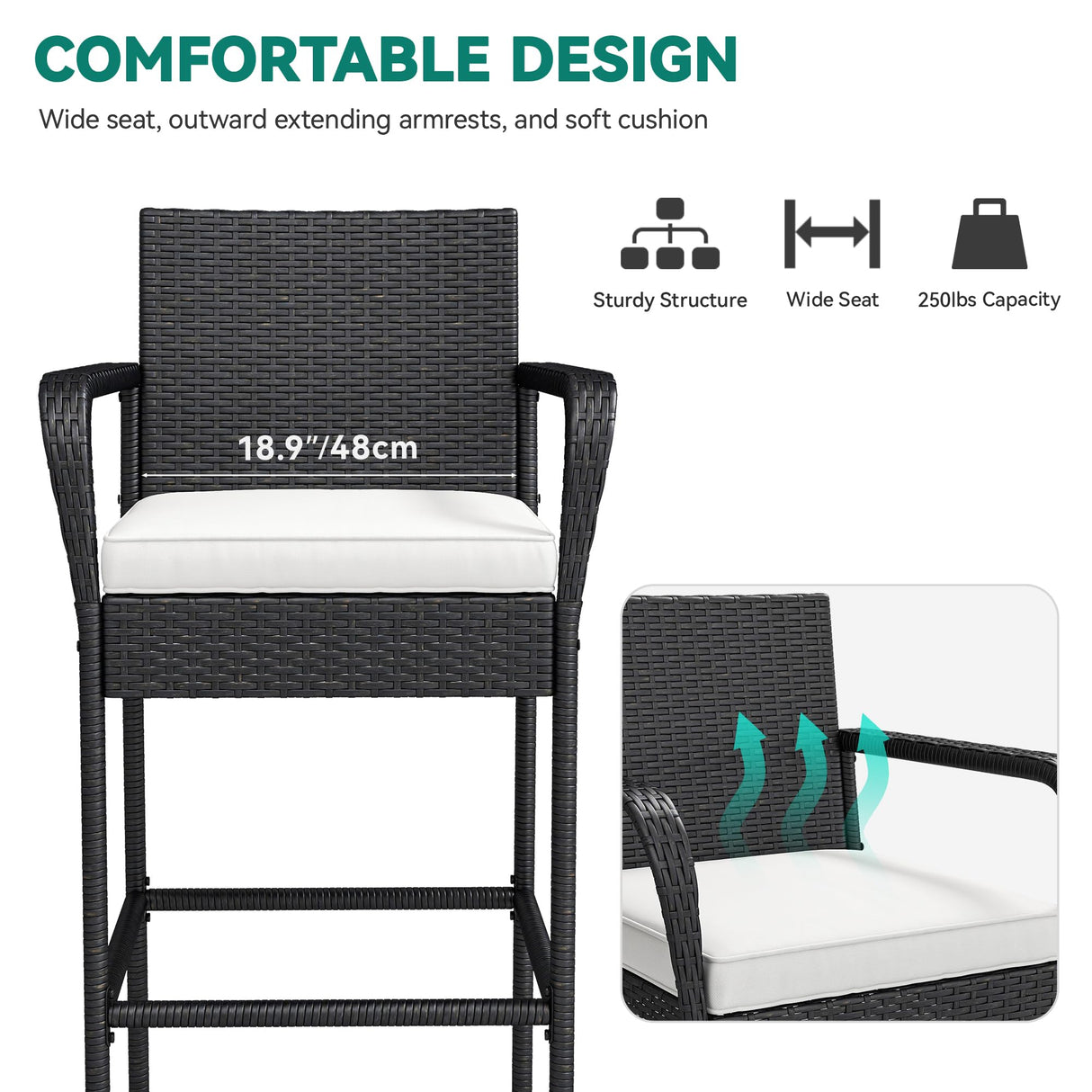 YITAHOME Outdoor Wicker Bar Stools Set of 2, Patio Wicker Counter Stools with Armrest & Backrest, Outdoor Bar Height Chairs with Soft Cushions for Backyard Pool Garden Deck, Black YITAHOME