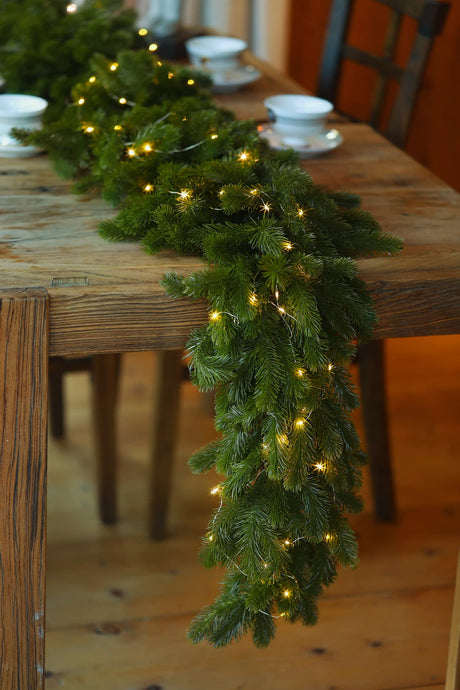 6FT Christmas Garland PARTY JOY Pine Garland with 9.8FT LED Lights String, Greenery Plant for Christmas Decorations Table Mantle Background Wall Room Outdoor Indoor Winter Decoration PARTY JOY