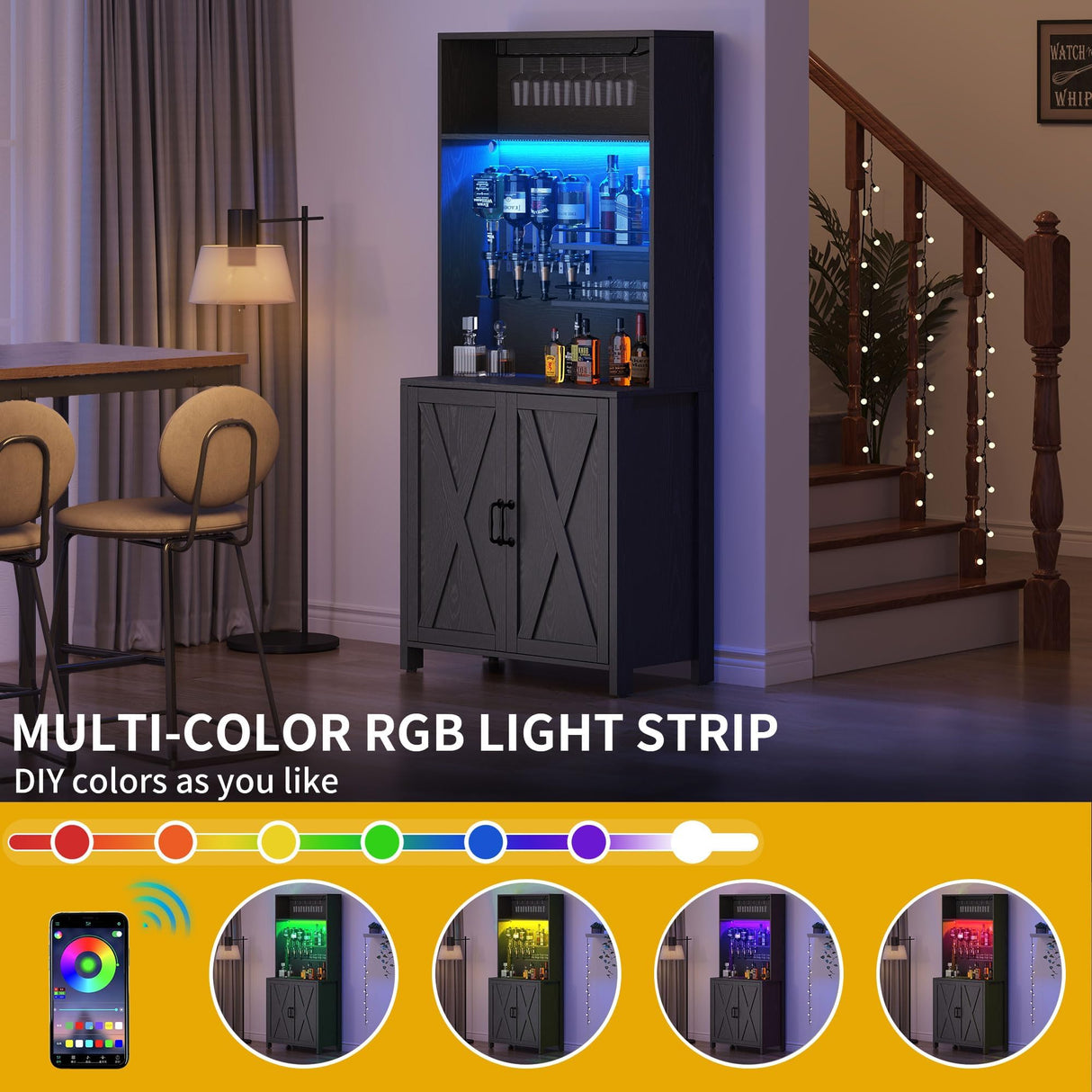 DWVO Farmhouse Bar Cabinet w/LED Lights, 71" Tall Wine Bar Cabinet for Liquor & Glasses, 4-Bottle Liquor Dispenser & Wine Rack, Kitchen Cabinet w/Storage, Black DWVO