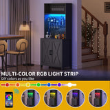 DWVO Farmhouse Bar Cabinet w/LED Lights, 71" Tall Wine Bar Cabinet for Liquor & Glasses, 4-Bottle Liquor Dispenser & Wine Rack, Kitchen Cabinet w/Storage, Black DWVO