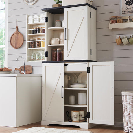 ACCOHOHO 72" Tall Storage Cabinet, Farmhouse Pantry Cabinet with Door Shelves, Drawer and Magnetic Catches, Rustic Wood Organizer for Kitchen, Bathroom, Living Room, Off White ACCOHOHO