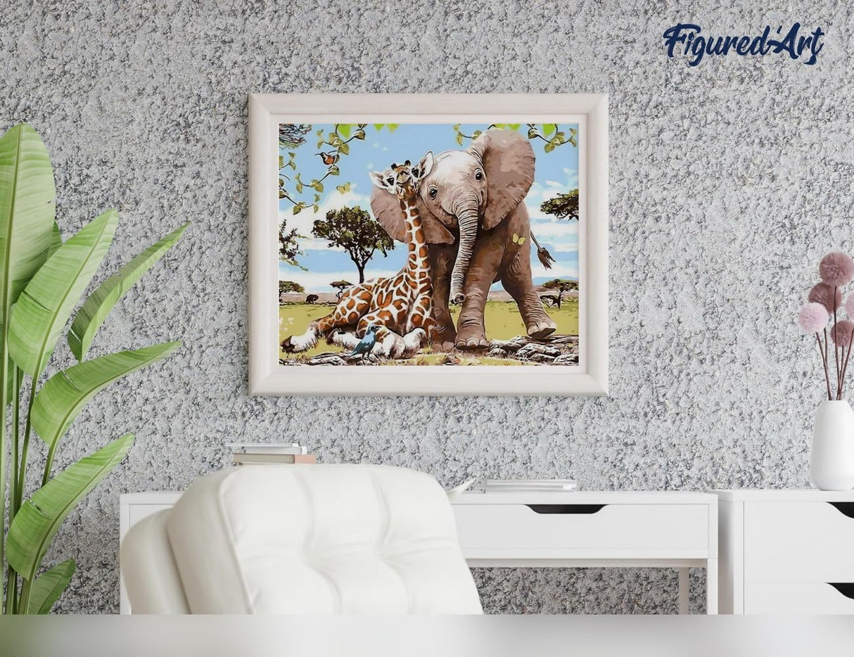 Figured'Art Paint by Numbers Kit for Adults Elephant & Giraffe Friends 16"x20" - Craft Art Painting Rolled Canvas with DIY Wooden Frame Figured'Art