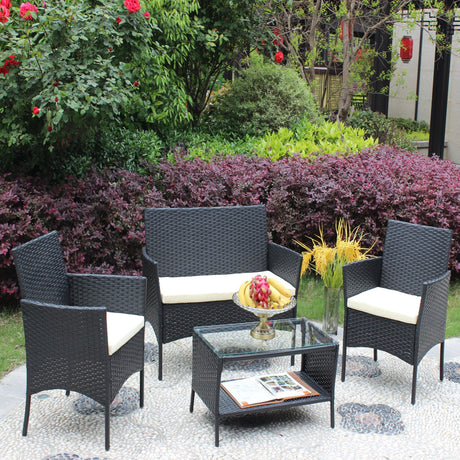 4 PC Rattan Patio Furniture Set Outdoor Cushioned Wicker Sofa HouseOfZazla