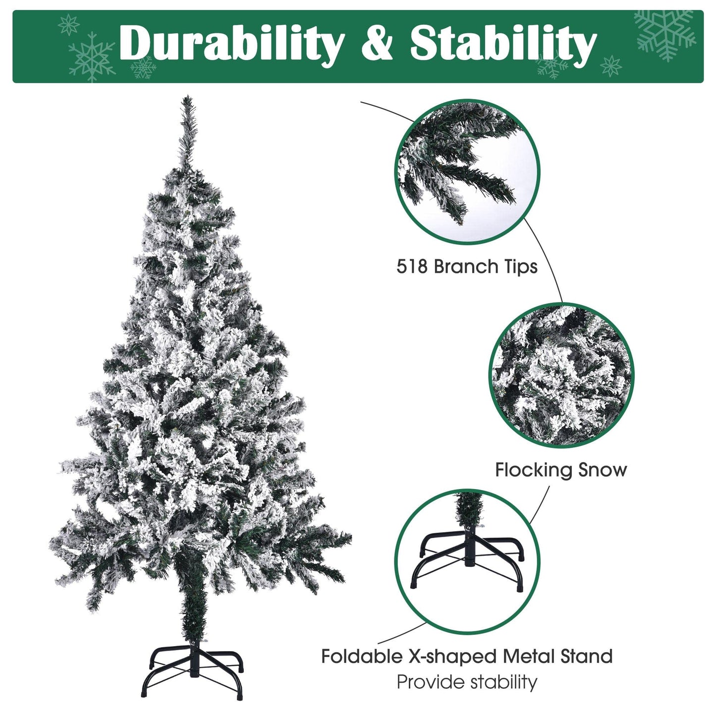 Yescom White Christmas Tree Artificial Pine Tree,5Ft Flocked Xmas Tree,Foldable Hinged,518 Branch Tips for Party Holiday Office Home Decoration