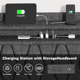 King Size Bed Frame and 2-Tier Headboard, Upholstered Led Bed Frame with 4 Storage Drawers, Led Light and Charging Station, Wooden Slats Support, No Box Spring Needed, NO Noise, Easy Assembly EasyCom