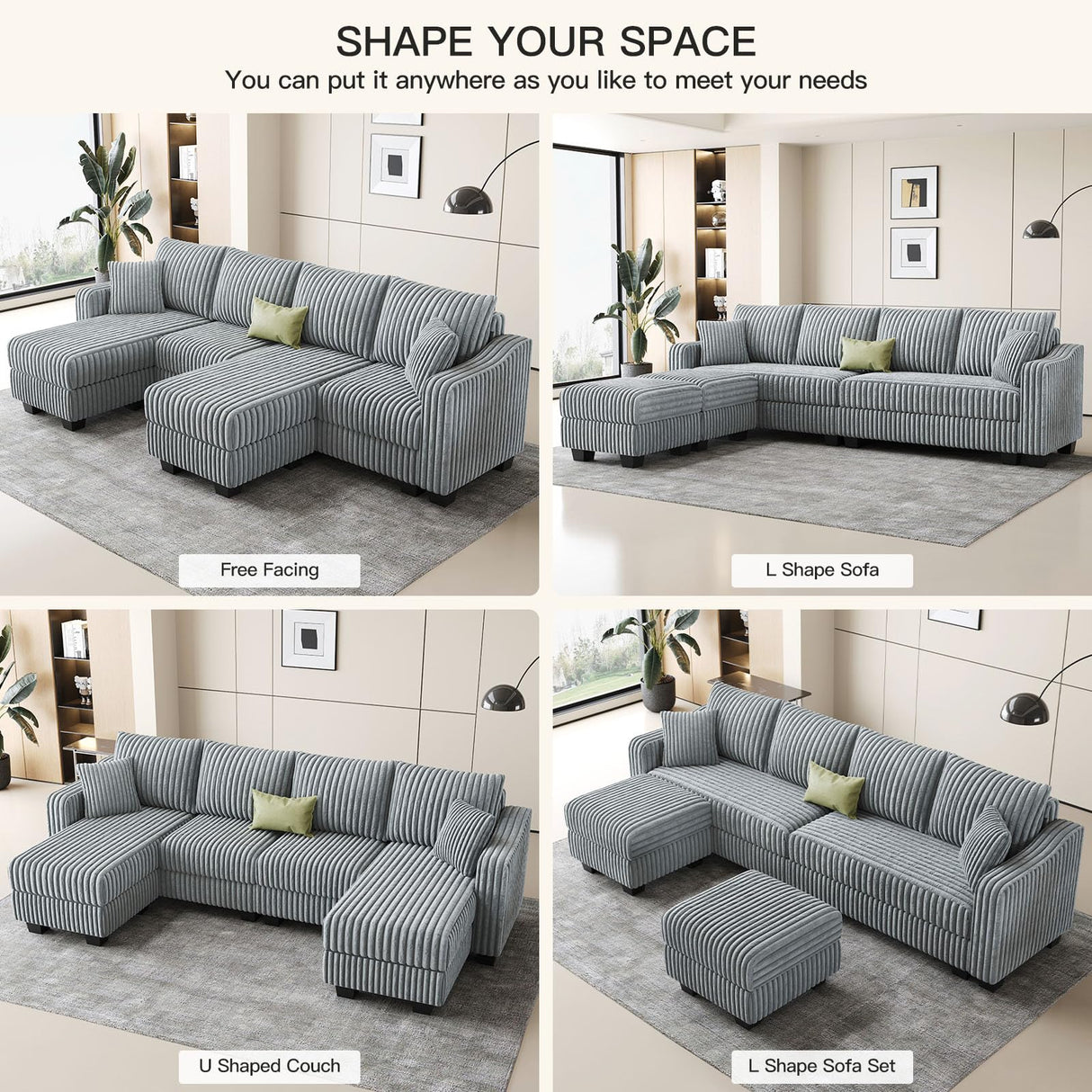 Belffin U Shaped Couch with Reversible Chaises Sectional Couches for Living Room Sectional Couch with Ottomans Corduroy (Light Grey, U Shaped) Belffin