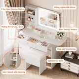 LIKIMIO Vanity Desk with Drawers & LED Lighted Mirror & Power Outlet & Cabinet, Storage Stool, Stylish Bedroom Makeup Table Set, White LIKIMIO