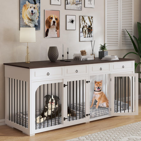 86.6" Extra Large Dog Crate Furniture for Large Breeds,XXXL Wooden Double Dog Crates Kennel Cage Furniture Style TV Stand Side End Table for 2 Dogs with Divider Locks and 4 Drawers,White Pitmoto