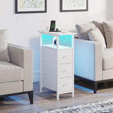 TRIFEBLE End Table with Charging Station, Narrow Side Table with 3 Fabric Drawers, Skinny Nightstand with LED Light, Slim Bedside Table for Bedroom, Living Room, Small Spaces, White TRIFEBLE