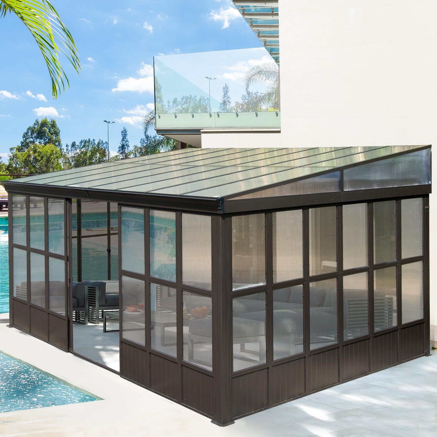 Domi 12x16FT All Season Sunroom, Outdoor Permanent Wall Mounted Solarium with Detachable Polycarbonate Windows, Aluminum Lean to Gazebo Sun Room with 2 Lockable Sliding Doors for Garden Patio - WoodArtSupply