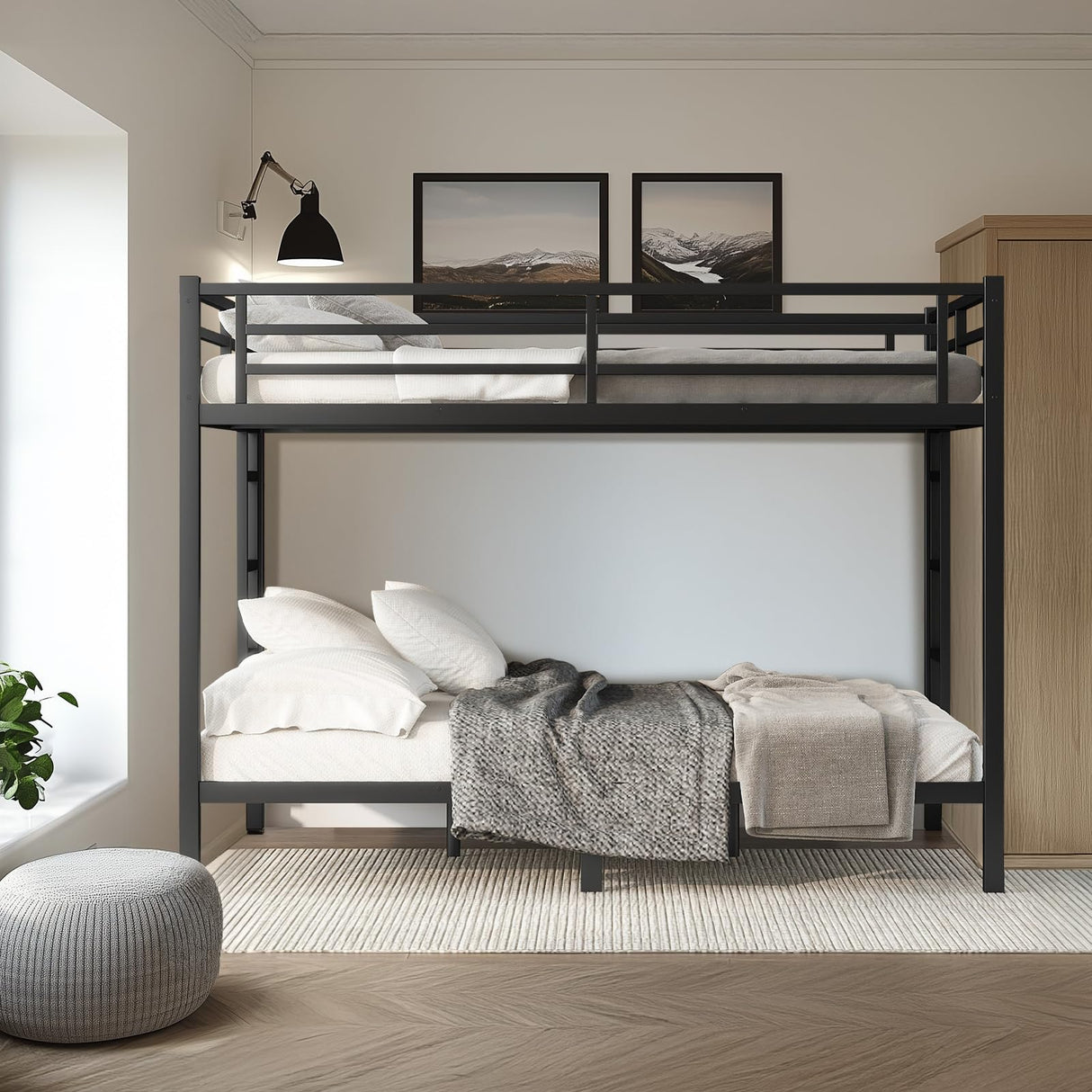 HKOLIE Queen Over Queen Bunk Bed, Metal Bunk Bed Frame Heavy Duty Bunk Beds Loft Bed Frame with Ladder and Guardrail Metal Slats No Box Spring Required for Adults Teens, Queen Over Queen Size HKOLIE