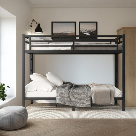 HKOLIE Queen Over Queen Bunk Bed, Metal Bunk Bed Frame Heavy Duty Bunk Beds Loft Bed Frame with Ladder and Guardrail Metal Slats No Box Spring Required for Adults Teens, Queen Over Queen Size HKOLIE