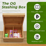 Large Bamboo Stash Box w/Ample Storage Space to Organize Herb Accessories - Comes with Convertible Rolling Tray Lid - (10" x 8" x 3.5") Subtle