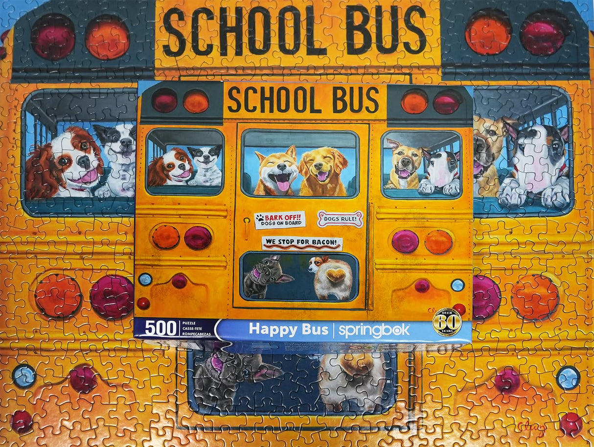 Springbok Happy Bus 500 Piece Jigsaw Puzzle for Adults and Kids - Dog Lovers Will Enjoy This Illustration by Artist Carol Luz of Lots of Happy Dogs on The schoolbus. Springbok