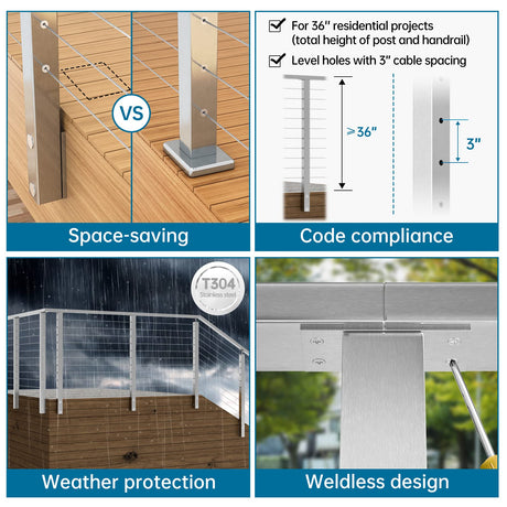 Muzata Side Mount Cable Railing Post 36 Inch 36"x2"x2" Level Drilled Space-Saving Brushed Stainless Steel Cable Railing System Kit Indoor Outdoor with User Guide PF02 LH4S Muzata