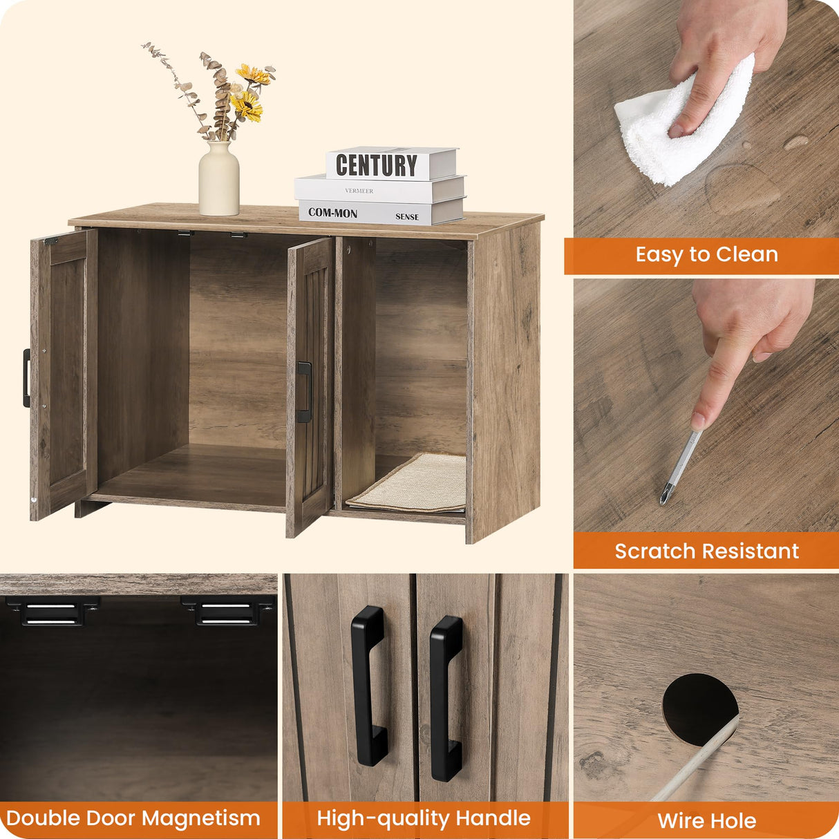 DWANTON Litter Box Enclosure, Cat Litter Box Furniture Hidden, with Scratching Mat, Wooden Cat Washroom Indoor, 31.5" L x 19.7" W x 21.7" H, Greige Dwanton