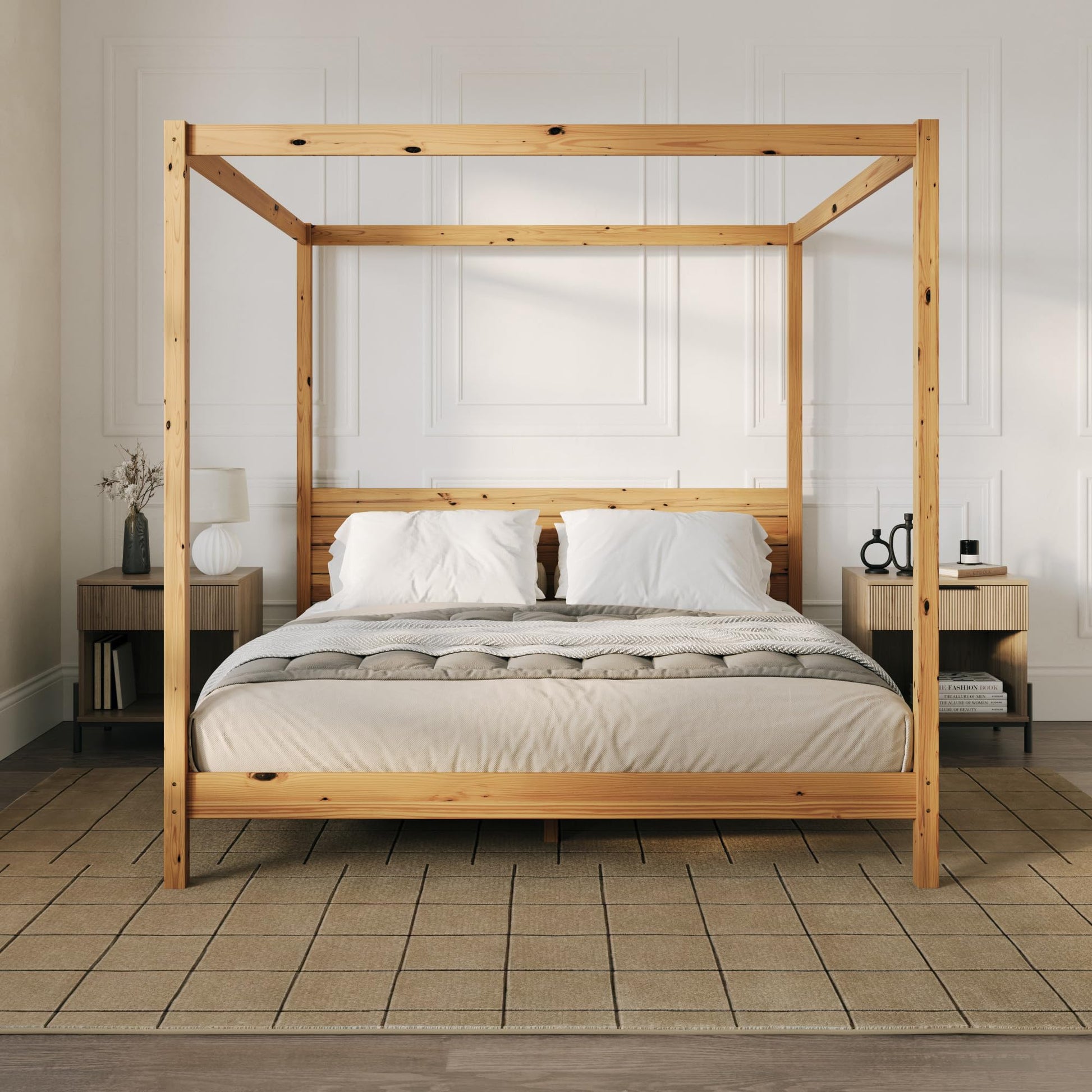 Walker Edison King Minimalist Slatted Headboard Canopy Bedframe, King Size, Natural Pine - WoodArtSupply