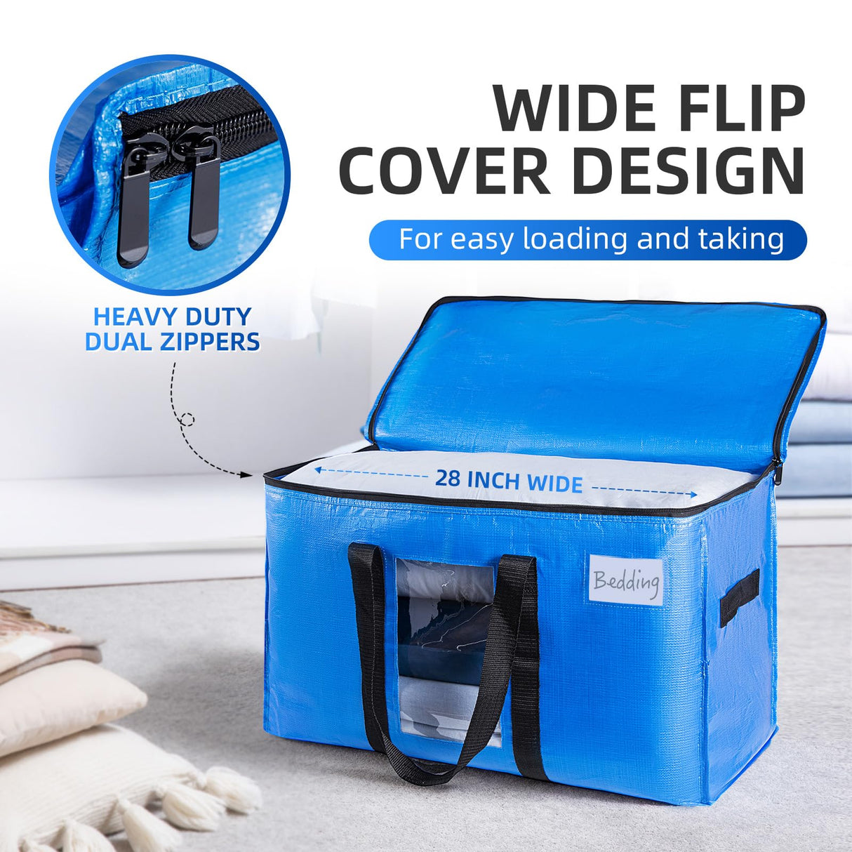 TAILI Extra Large Moving Bags, 4 Pack Blue Heavy Duty Totes For Storage with Visible Window, Wrap Around Handles, Storage Bags for Space Saving, Alternative to Moving Boxes TAILI