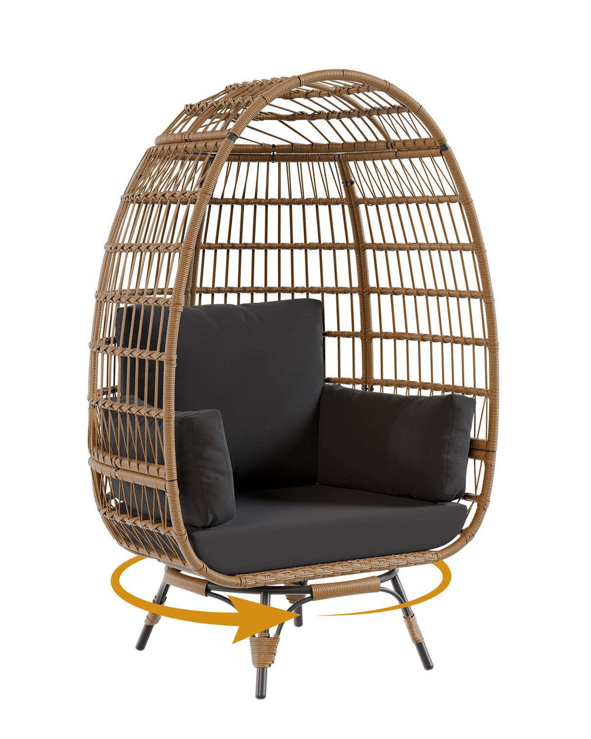 GarveeLife Oversize 360°Swivel Egg Chair Patio Rotating Rattan Egg Basket Lounge Chair, Wicker Egg-Shaped Chair w/Steel Frame Stand and 4 Cushions for Patio, Porch, Backyard, Living Room, Black GarveeLife