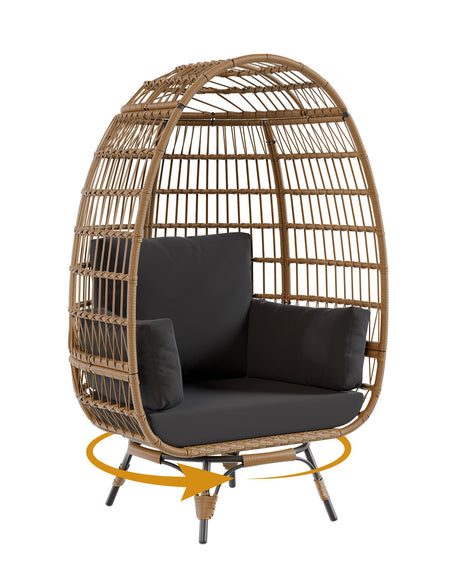 GarveeLife Oversize 360°Swivel Egg Chair Patio Rotating Rattan Egg Basket Lounge Chair, Wicker Egg-Shaped Chair w/Steel Frame Stand and 4 Cushions for Patio, Porch, Backyard, Living Room, Black GarveeLife