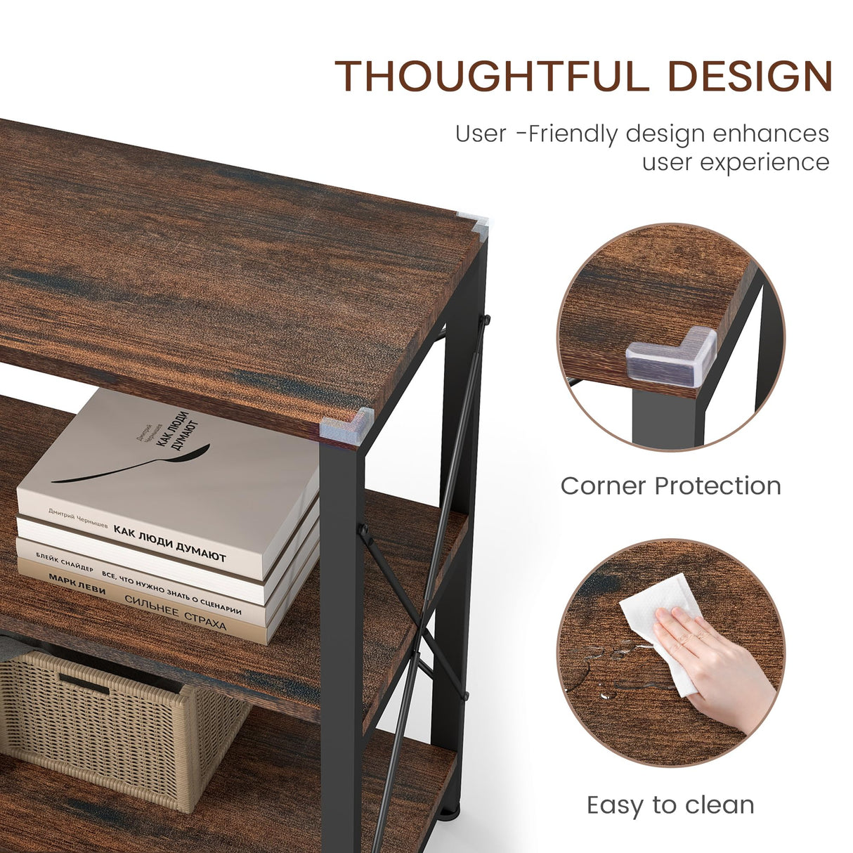 Skandiquip 55" 3 Tier Industrial Book Shelf, Free Standing Horizontal Low Metal Rustic Farmhouse Book Case with Wood Shelves for Home Office, Den, or Living Room Rustic Brown and Black Skandiquip