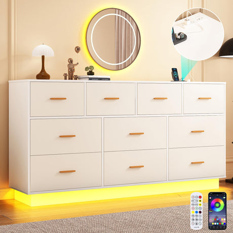 chartustriable White 10 Drawers Dresser w/Power Outlet,60000-Colors Lights for Kids Bedroom,Modern 63In Long Dresser for Closet,Wooden Tall Dressers w/Large Storage for Entryway,Hallway chartustriable