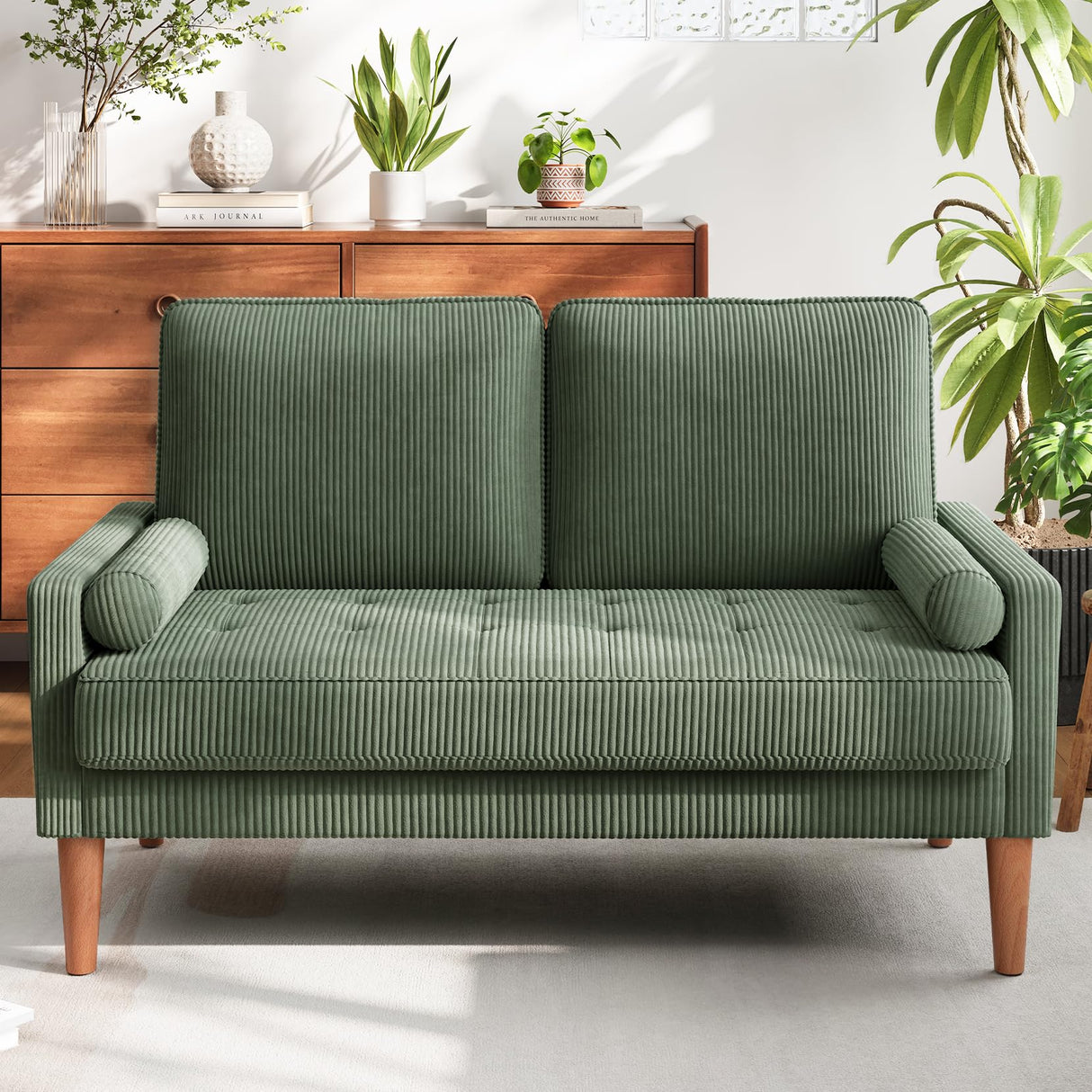 Loveseat Sofa with Solid Wood Legs,48" Small Corduroy Couches for Small Spaces, Mid Century Modern Love Seat for Living Room, Bedroom, Easy Assembly with Throw Pillow, Green Vesgantti
