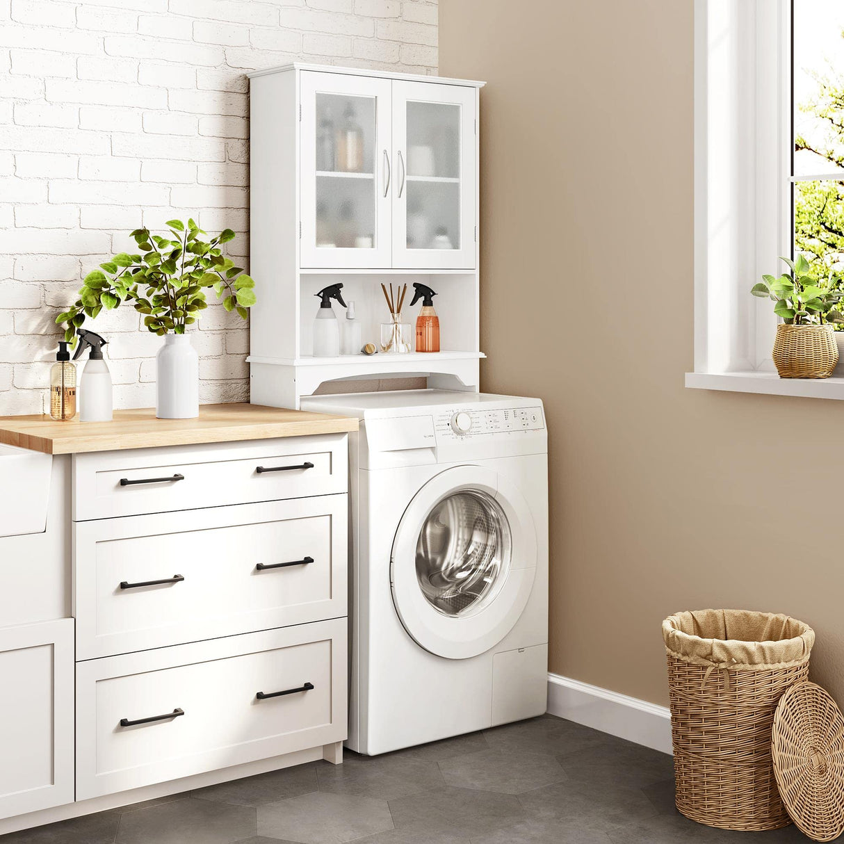 Yaheetech Over The Toilet Storage Cabinet with Double Tempered Glass Doors and Adjustable Shelf, Freestanding Bathroom Storage Rack, 66 Inches Height Yaheetech