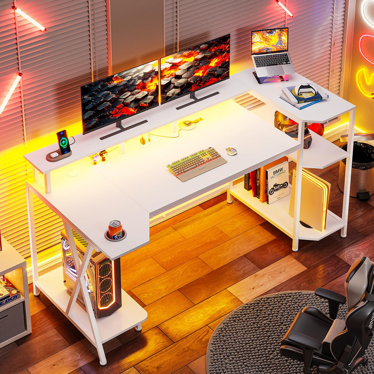 SEDETA White Gaming Desk 55'' with LED Lights and Storage Shelves, Computer Desk with Monitor Stand, Power Outlets and Cup Holder, Large PC Gamer Desk, Gaming Table for Bedroom, Living Room SEDETA