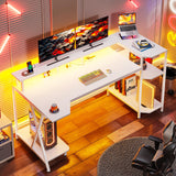 SEDETA White Gaming Desk 55'' with LED Lights and Storage Shelves, Computer Desk with Monitor Stand, Power Outlets and Cup Holder, Large PC Gamer Desk, Gaming Table for Bedroom, Living Room SEDETA