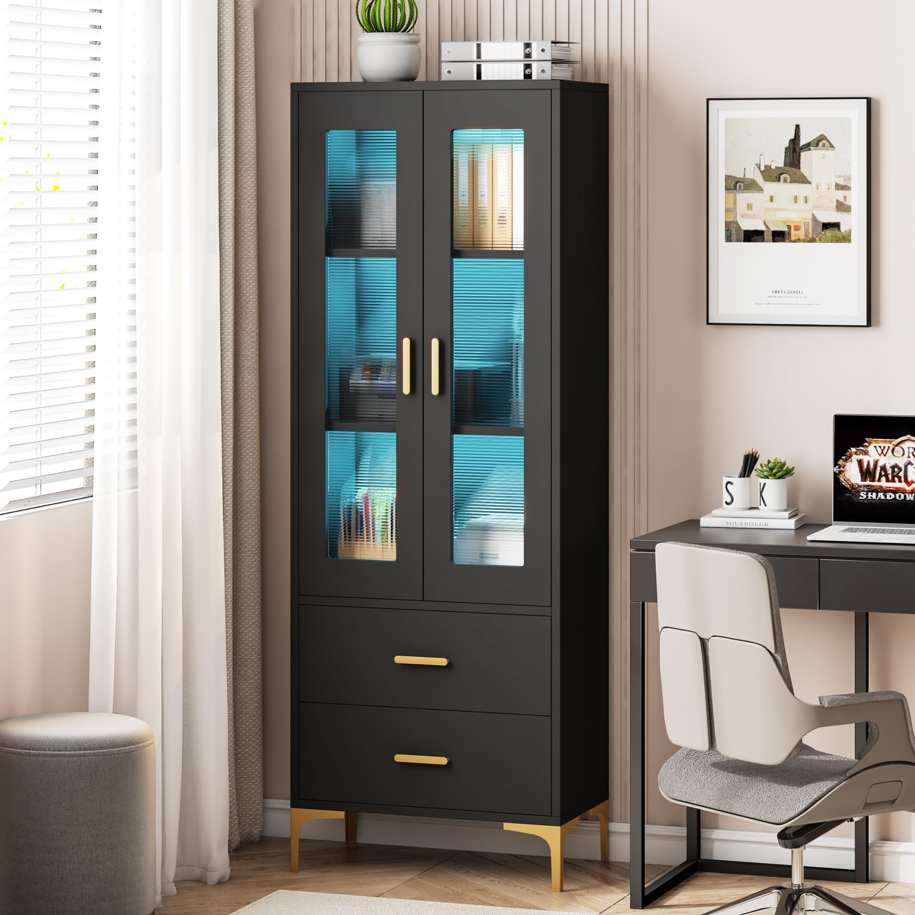 Tribesigns Tall Bookcase with LED Light and Storage Drawers - Stylish Black Freestanding Cabinet for Any Room - WoodArtSupply