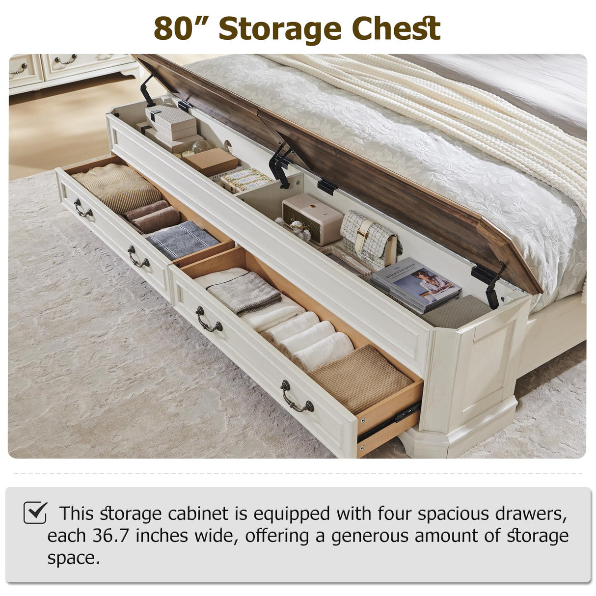 T4TREAM Farmhouse King Bed with Headboard and Storage Bench, Rustic Wood Platform Bed with 80" Storage Chest w/ 4 Large Storage Drawer (Antique White) T4TREAM