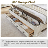 T4TREAM Farmhouse King Bed with Headboard and Storage Bench, Rustic Wood Platform Bed with 80" Storage Chest w/ 4 Large Storage Drawer (Antique White) T4TREAM