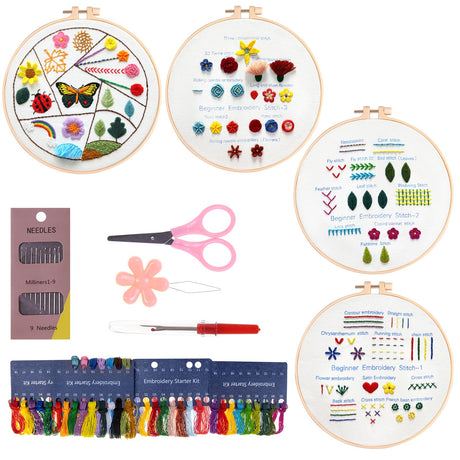 Embroidery Kit for Beginners 4 Sets, Embroidery Kit for Adult Practice Kit for Hand Craft Lover, Starters Cross Stitch Kits with Embroidery Cloth, Hoop, Color Threads, Scissors, Tools & Instruction Angdarun