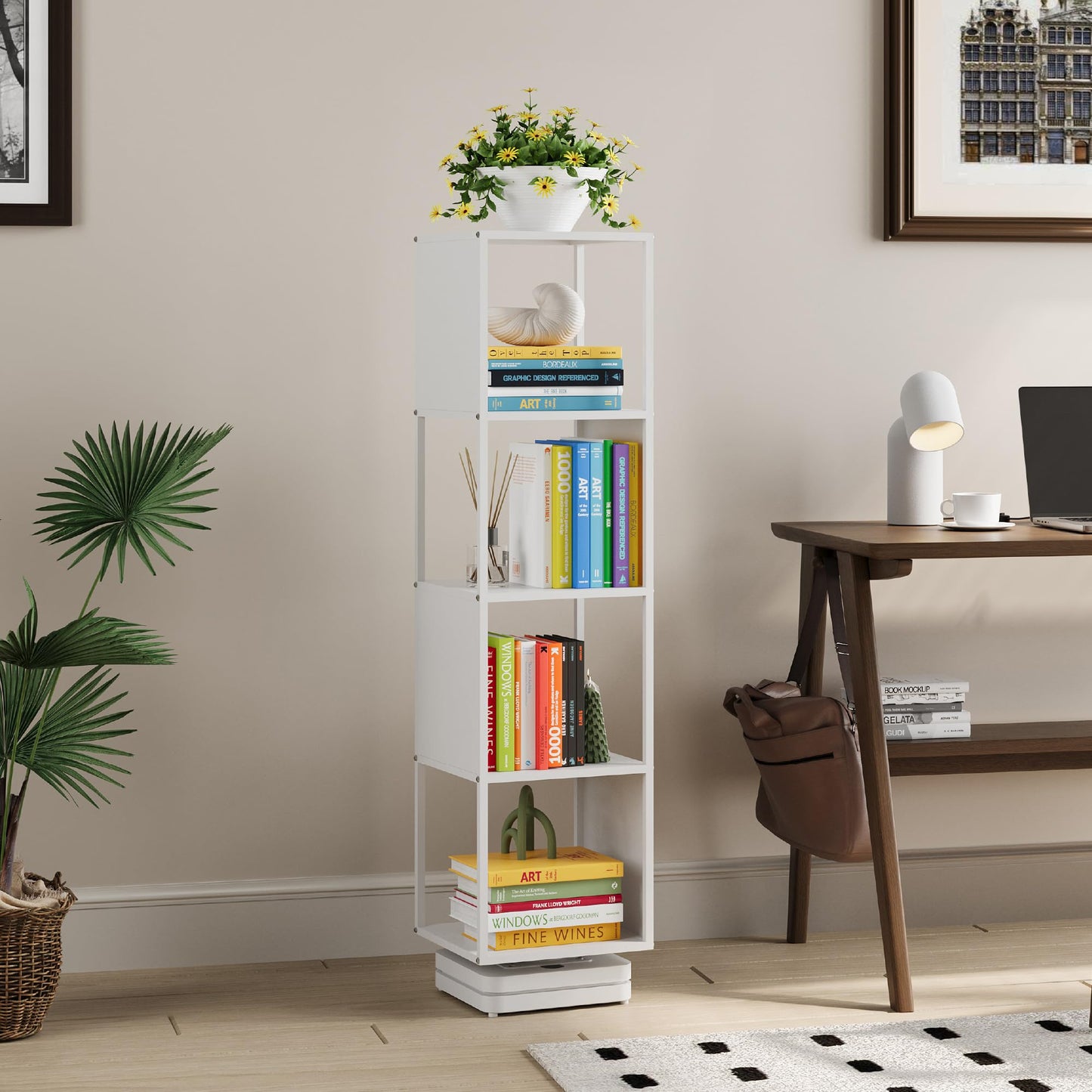 Suchtale 4-Tier Rotating Metal Bookshelf - 360° White Spinning Bookcase for Space-Saving Storage - WoodArtSupply