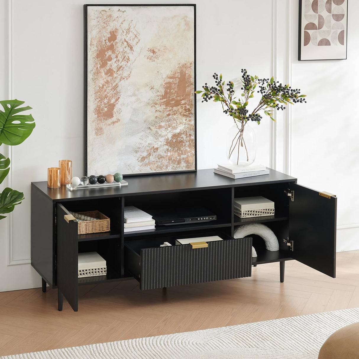 Okvnbjk Black TV Stand for 65 Inch TV, TV Consoles for Living Room, TV Stand for Bedroom w/Drawer and Storage, Wood Fluted Panel Media Console, Entertainment Center w/Soft Hinge & Cable Management Okvnbjk