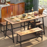 soges 3 Pieces Kitchen Dining Table Set for 4, Breakfast Table Set with 2 Benches, 4-Person Wooden Dinette with Wine Shelf and Glass Holder, Rustic Brown 10CZWKDS04TW140 soges