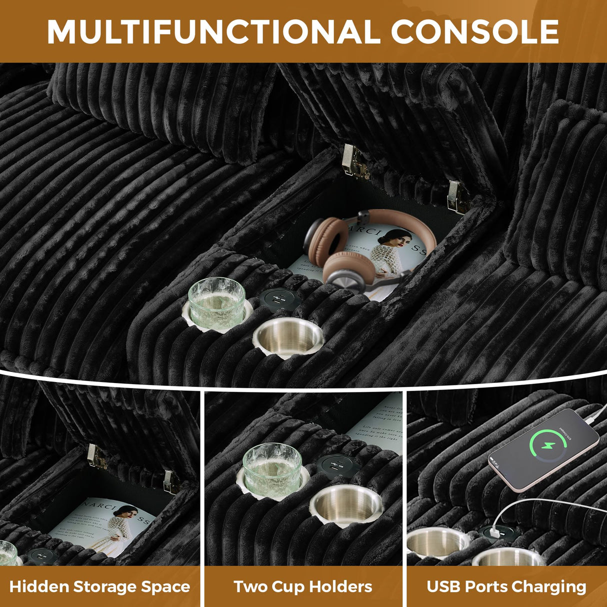 HYJT-H&K 124" U Shaped Cloud Couch Sectional, Comfy Fluffy Plush Corduroy Black Sectional Couches for Living Room, Modern Modular Corduroy Couch Sectionals with Central Console & Double Chaise Lounge HYJT-H&K