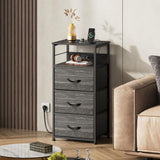 WLIVE LED Nightstand with Charging Station, Night Stand with 3 Fabric Drawers and Storage Shelf, Small Dresser for Small Space, 31.9" H Bedside Table for Bedroom, Charcoal Black Wood Grain Print WLIVE