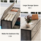 Fameill Queen Size Bed Frame with Storage Ottoman and 2 Drawers, Farmhouse Metal Platform Bed with Headboard, LED Lights and Charging Station, No Box Spring Needed, Noise Free, Gray Fameill