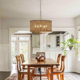 YOMECOO Hand-Woven Rattan Chandelier Vintage Farmhouse Boho Bamboo Light Fixture Mini Retro 5-Lights Drum Wicker Rattan Chandelier for Dining Room, Kitchen, Living Room YOMECOO