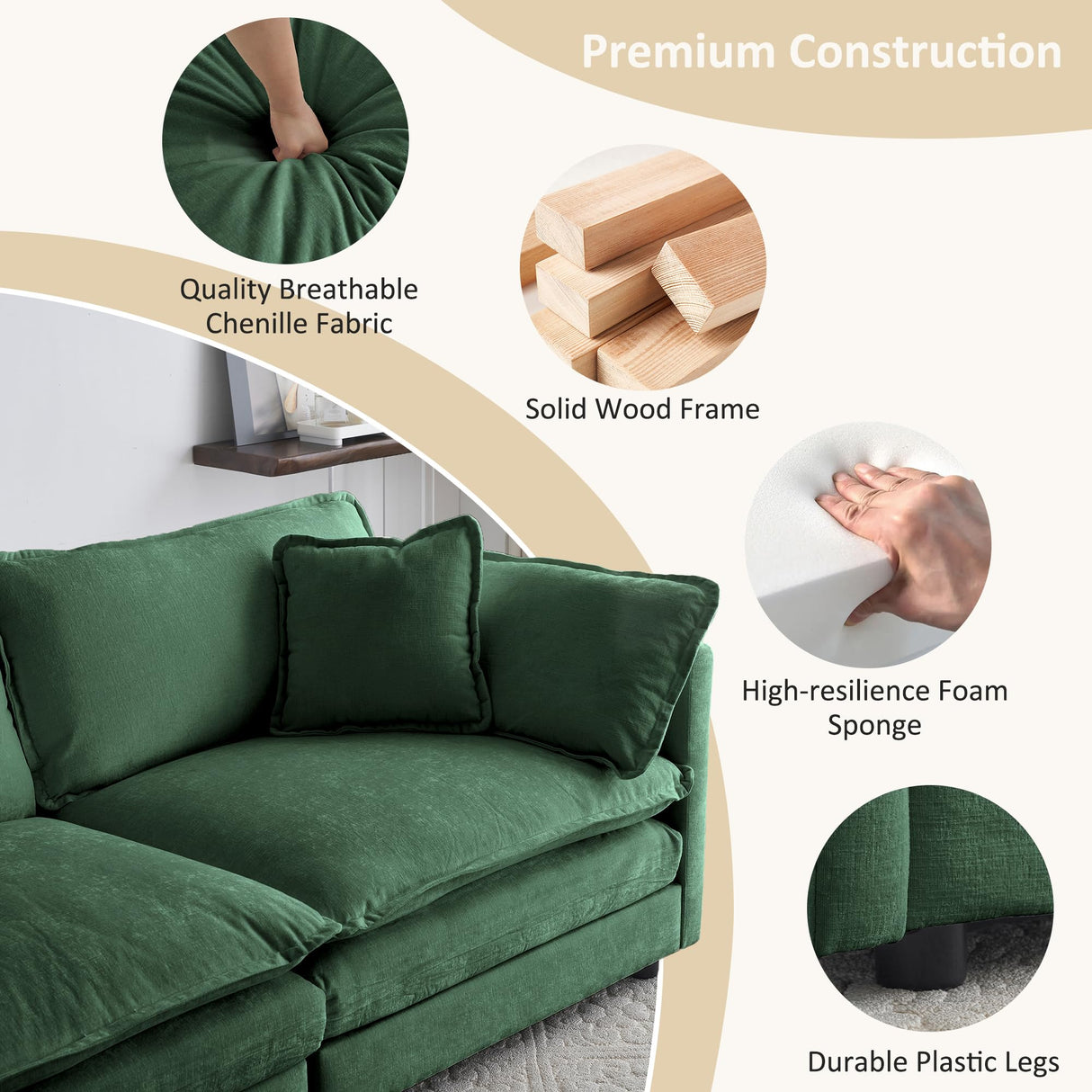 Tmsan 2 Piece Living Room Furniture Set, Green Chenille Deep Seat Loveseat and Sofa Set, Modern Luxury Sectional Cloud Couches for Apartment Office Tmsan