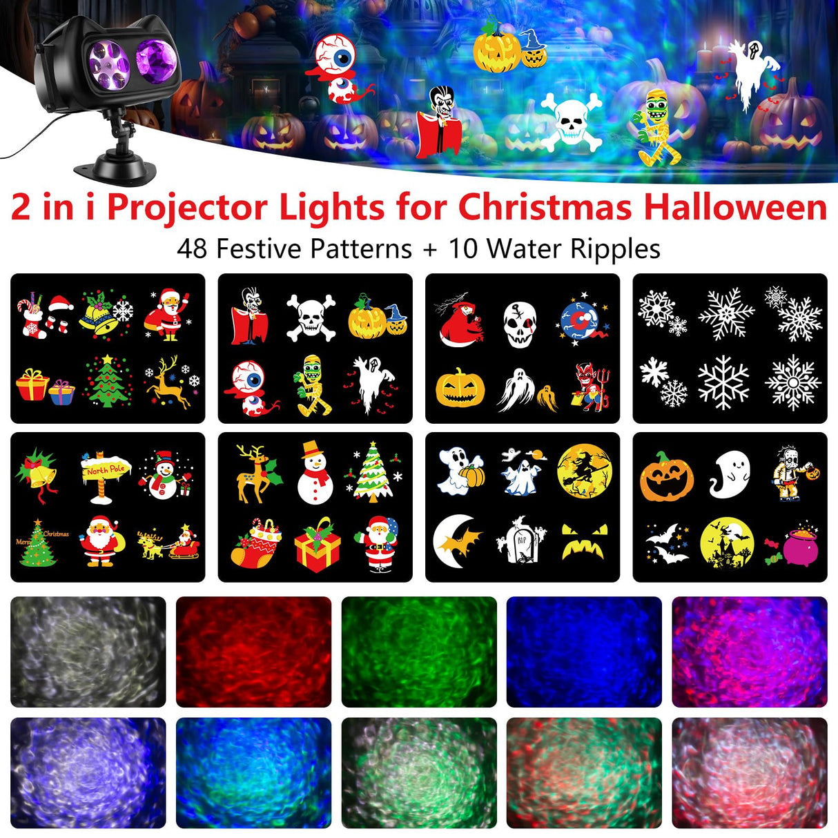 2025 Upgrade Halloween Christmas Projector Lights Outdoor with Memory Function, 58 HD Effects (3D Ocean Wave + Patterns) LED Landscape Lights Waterproof for Indoor Yard Home Party Holiday Decorations ANTEQI