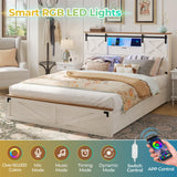 Hasuit Rustic Queen Size Bed Frame with LED Lights, Charging Station, and Storage Drawers Hasuit