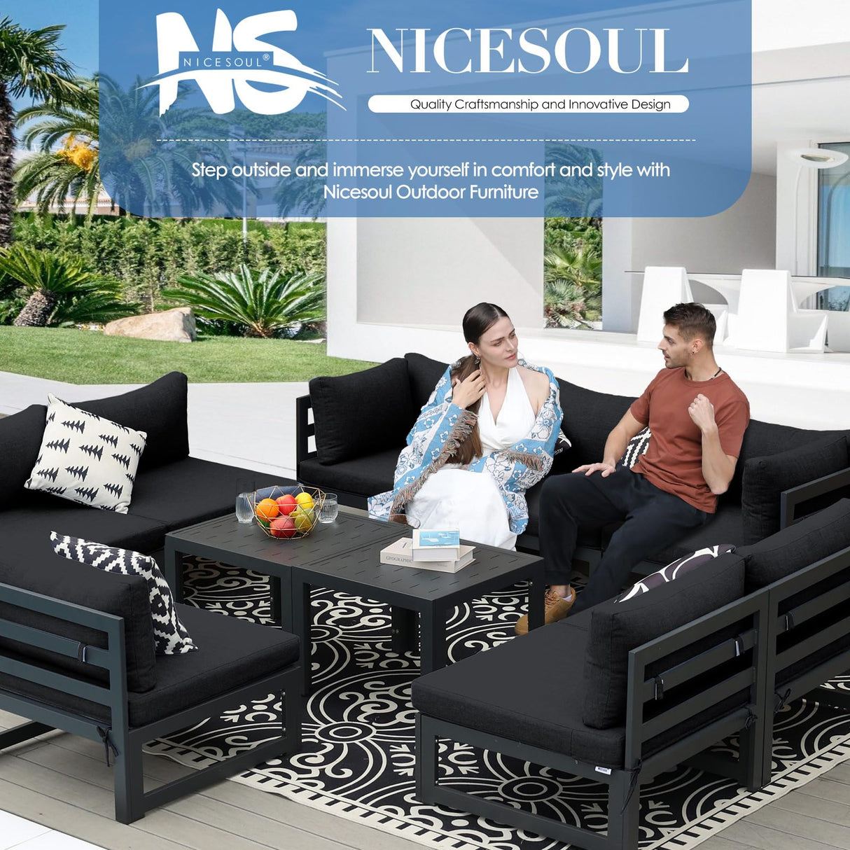 NICESOUL 10 Piece Oversized Modular Aluminum Outdoor Furniture Set, 29" Deep Wide Sectional Seating, 500 lbs High Weight Capacity Weather Resistant Patio Conversation Set for Backyard Poolside, Black NICESOUL